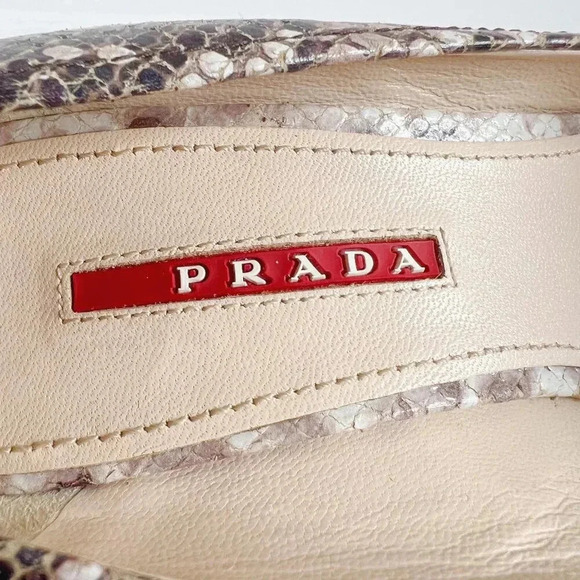 Prada Bow Leather Cork Wedge Peep Toe Pumps Snake Print Size 37.5 3KZ015 - Picture 6 of 13